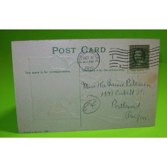 Halloween Greetings Postcard Dutch Windmill Bats Embossed Portland 1910 Gel Coat - Picture 3 of 6